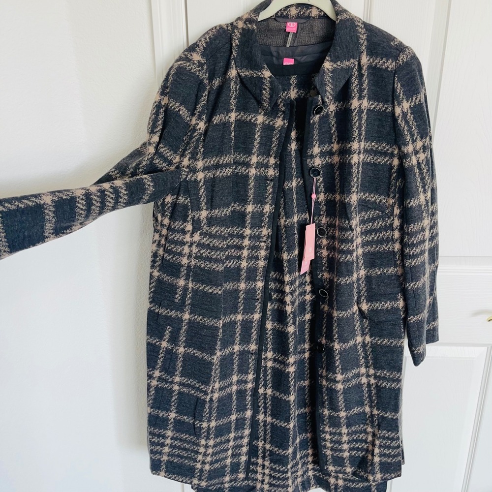 NWT Basler Womens 2 Pc Dress Coat Suit Set Plaid Knit Grey Beige US 18 EU 4